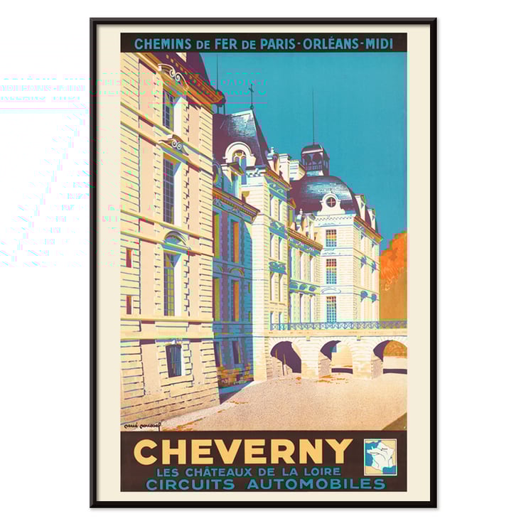 Poster art by Alex Garbell titled Cheverny Les Châteaux De La Loire Circuits Automobiles featuring a historic building with an archway and towers. Poster titled Cheverny Les Châteaux De La Loire Circuits Automobiles by artist Emile-Allain Séguy depicting a castle in vibrant colors.