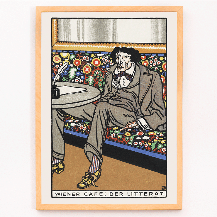 Man lounging in ornate café setting by Moriz Jung titled Viennese Café The Man of Letters Poster of a man in a suit lounging on a floral patterned bench at a table titled Viennese Café The Man of Letters by Moriz Jung