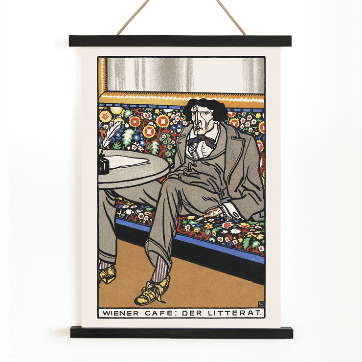 Man lounging in ornate café setting by Moriz Jung titled Viennese Café The Man of Letters Poster of a man in a suit lounging on a floral patterned bench at a table titled Viennese Café The Man of Letters by Moriz Jung