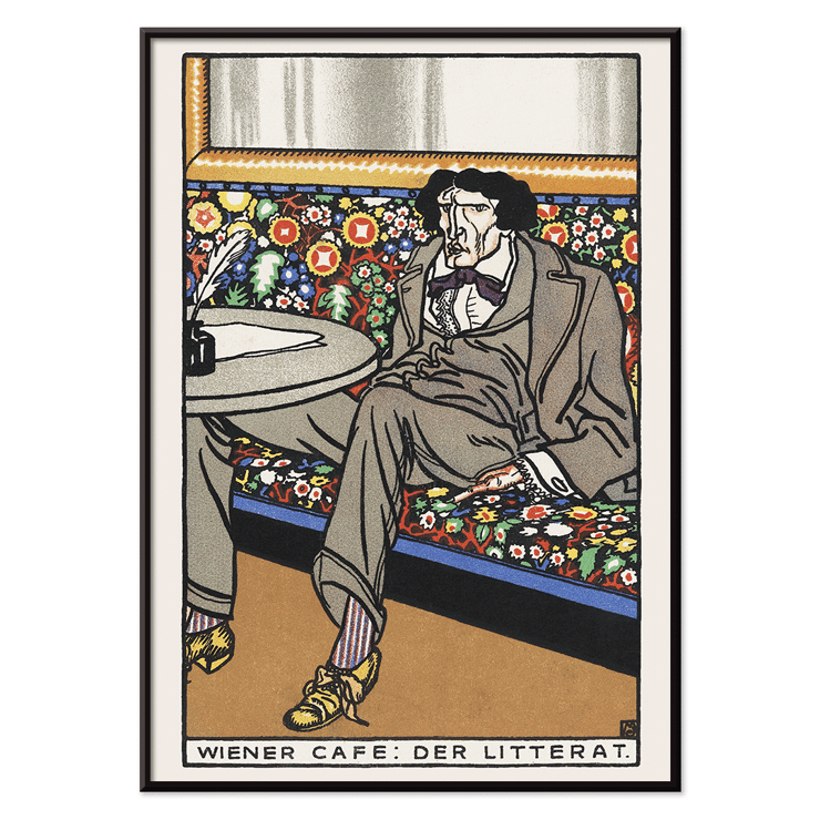 Man lounging in ornate café setting by Moriz Jung titled Viennese Café The Man of Letters Poster of a man in a suit lounging on a floral patterned bench at a table titled Viennese Café The Man of Letters by Moriz Jung