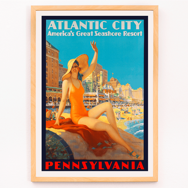 Atlantic City beach scene by Edward M Eggleston Poster titled Atlantic City Pennsylvania Railroad by Edward M Eggleston showing a woman in an orange swimsuit at a beach resort