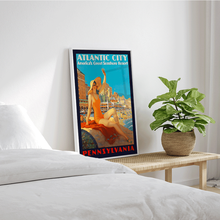 Atlantic City beach scene by Edward M Eggleston Poster titled Atlantic City Pennsylvania Railroad by Edward M Eggleston showing a woman in an orange swimsuit at a beach resort