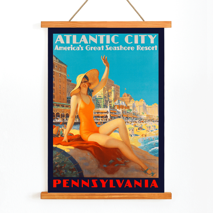 Atlantic City beach scene by Edward M Eggleston Poster titled Atlantic City Pennsylvania Railroad by Edward M Eggleston showing a woman in an orange swimsuit at a beach resort
