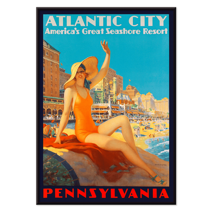 Atlantic City beach scene by Edward M Eggleston Poster titled Atlantic City Pennsylvania Railroad by Edward M Eggleston showing a woman in an orange swimsuit at a beach resort