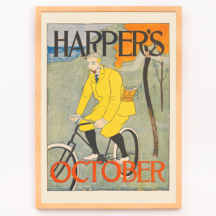 Illustration of a man riding a bicycle in autumn landscape Harper for October by Edward Penfield Poster of a man in a yellow outfit riding a bicycle with the title Harpers October by Edward Penfield displayed at the top and bottom.