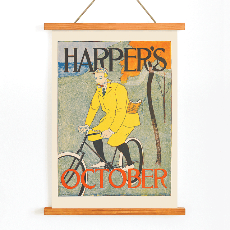 Illustration of a man riding a bicycle in autumn landscape Harper for October by Edward Penfield Poster of a man in a yellow outfit riding a bicycle with the title Harpers October by Edward Penfield displayed at the top and bottom.