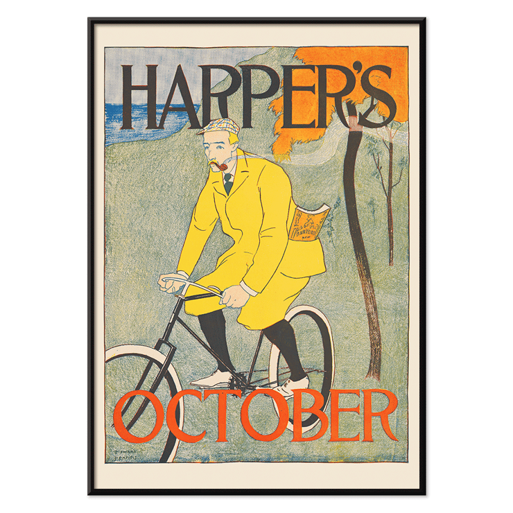 Illustration of a man riding a bicycle in autumn landscape Harper for October by Edward Penfield Poster of a man in a yellow outfit riding a bicycle with the title Harpers October by Edward Penfield displayed at the top and bottom.