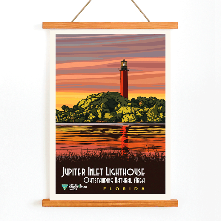 Artwork featuring Jupiter Inlet Lighthouse Outstanding Natural Area in Florida by unknown artist Poster of Jupiter Inlet Lighthouse Outstanding Natural Area in Florida with a sunset reflected on water and trees in the background