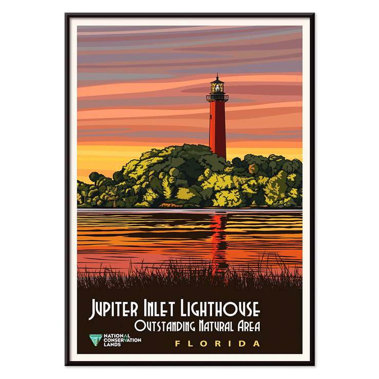 Artwork featuring Jupiter Inlet Lighthouse Outstanding Natural Area in Florida by unknown artist Poster of Jupiter Inlet Lighthouse Outstanding Natural Area in Florida with a sunset reflected on water and trees in the background