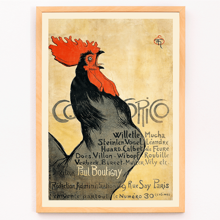 Hahnillustration mit Text von Théophile Alexandre Steinlen in Cocorico Poster zeigt einen schwarzen Hahn mit rotem Kamm und einem Werbetext für Cocorico von Théophile Alexandre Steinlen auf gelbem Hintergrund.