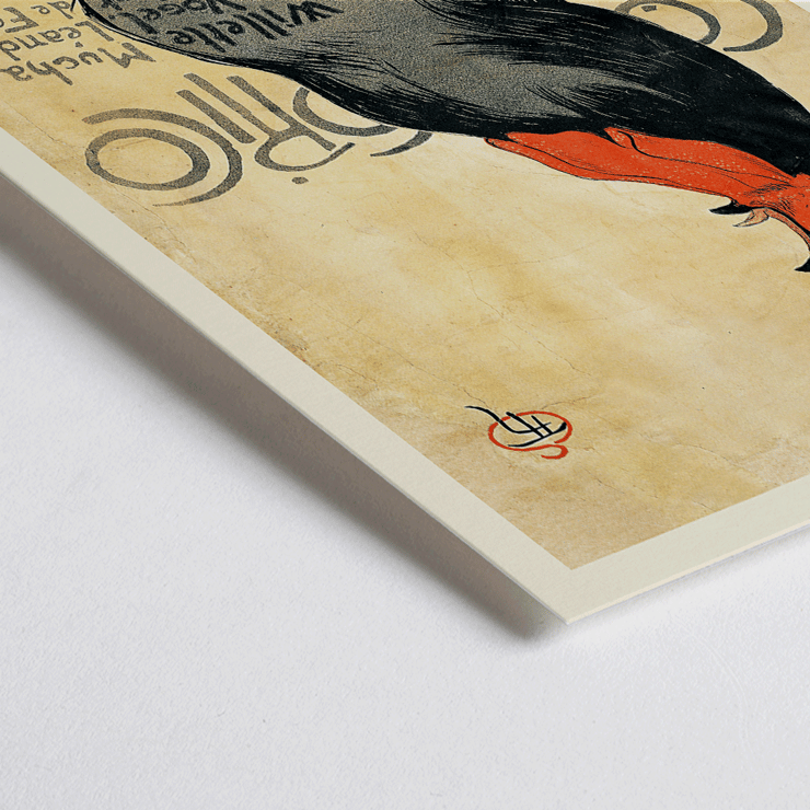 Hahnillustration mit Text von Théophile Alexandre Steinlen in Cocorico Poster zeigt einen schwarzen Hahn mit rotem Kamm und einem Werbetext für Cocorico von Théophile Alexandre Steinlen auf gelbem Hintergrund.