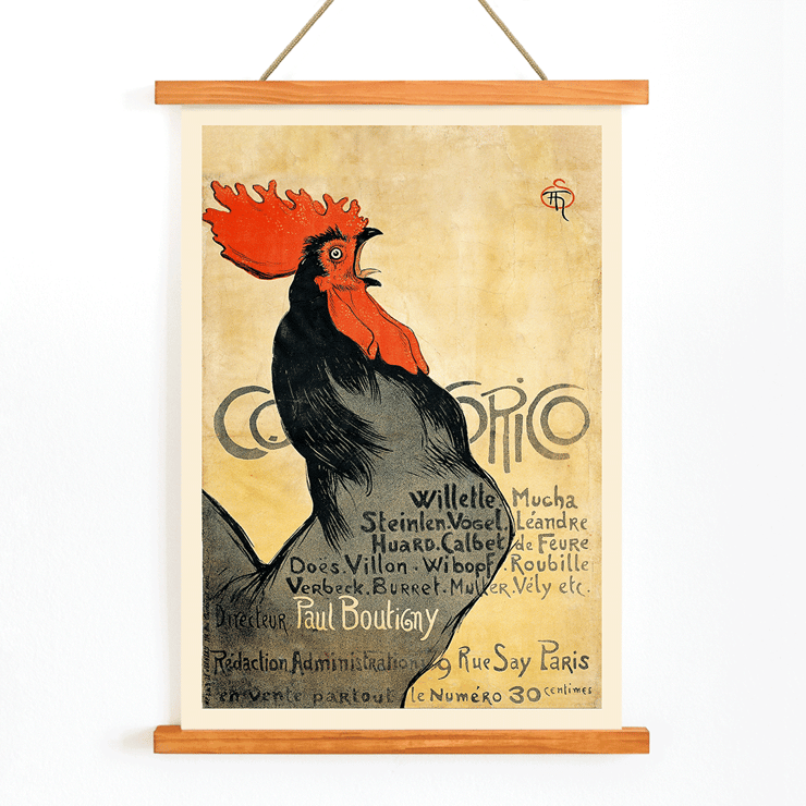 Hahnillustration mit Text von Théophile Alexandre Steinlen in Cocorico Poster zeigt einen schwarzen Hahn mit rotem Kamm und einem Werbetext für Cocorico von Théophile Alexandre Steinlen auf gelbem Hintergrund.
