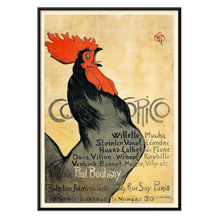 Hahnillustration mit Text von Théophile Alexandre Steinlen in Cocorico Poster zeigt einen schwarzen Hahn mit rotem Kamm und einem Werbetext für Cocorico von Théophile Alexandre Steinlen auf gelbem Hintergrund.