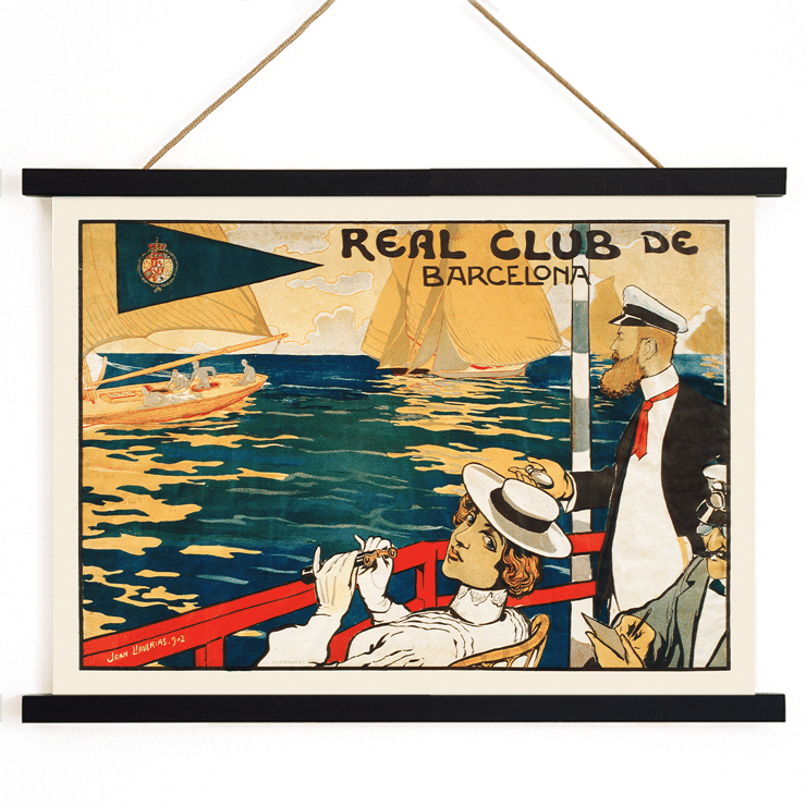 Sailing scene with elegantly dressed figures by Joan Llaverias titled Real Club de Barcelona Poster for Real Club de Barcelona by Joan Llaverias featuring people in maritime attire with sailboats in the background.