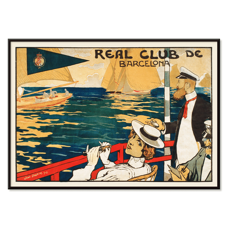 Sailing scene with elegantly dressed figures by Joan Llaverias titled Real Club de Barcelona Poster for Real Club de Barcelona by Joan Llaverias featuring people in maritime attire with sailboats in the background.