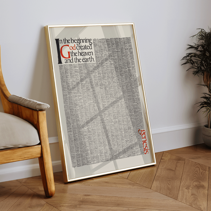 Typography artwork by Herb Lubalin titled Genesis Poster with text In the beginning God created the heaven and the earth titled Genesis by Herb Lubalin featuring the first pages of Genesis