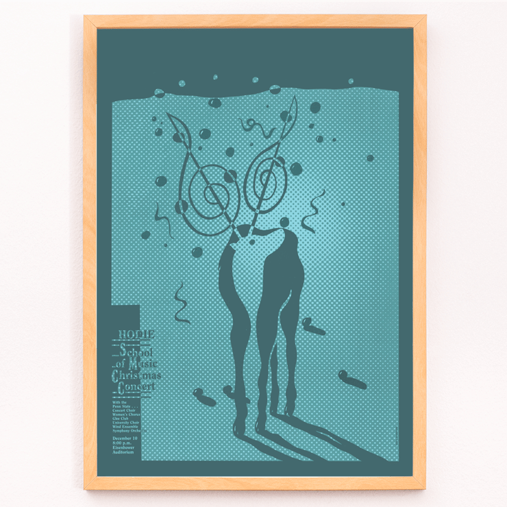 Poster for Hodie School of Music Christmas concert by Lanny Sommese featuring abstract artwork of two figures with musical notations Poster of Hodie School of Music Christmas concert by Lanny Sommese featuring abstract figures with musical notes in a teal background
