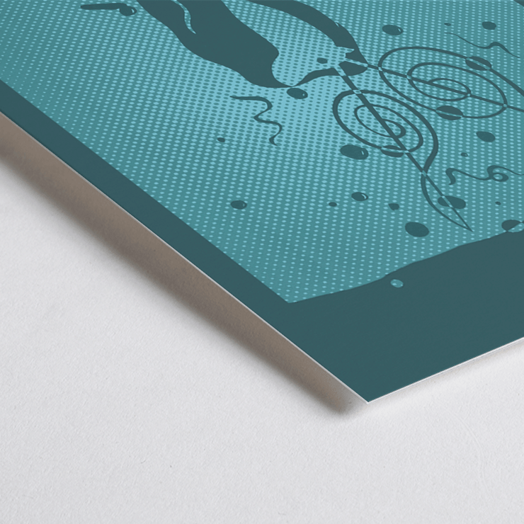 Poster for Hodie School of Music Christmas concert by Lanny Sommese featuring abstract artwork of two figures with musical notations Poster of Hodie School of Music Christmas concert by Lanny Sommese featuring abstract figures with musical notes in a teal background