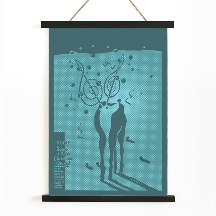 Poster for Hodie School of Music Christmas concert by Lanny Sommese featuring abstract artwork of two figures with musical notations Poster of Hodie School of Music Christmas concert by Lanny Sommese featuring abstract figures with musical notes in a teal background