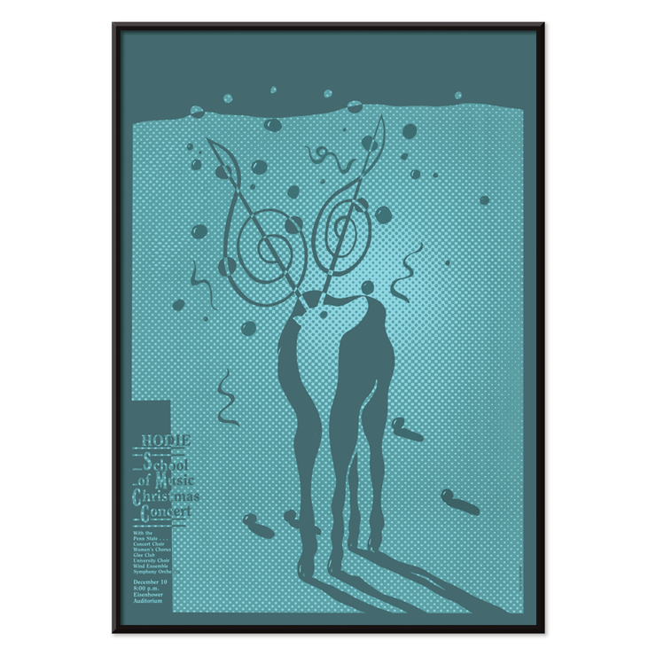 Poster for Hodie School of Music Christmas concert by Lanny Sommese featuring abstract artwork of two figures with musical notations Poster of Hodie School of Music Christmas concert by Lanny Sommese featuring abstract figures with musical notes in a teal background