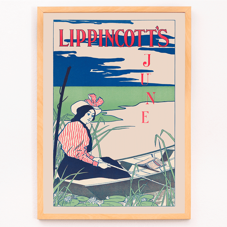 Woman boating on a serene river by William Carqueville Lippincott's June Poster of a woman in a boat with a striped dress and hat surrounded by reeds and water lilies Lippincott’s June by William Carqueville