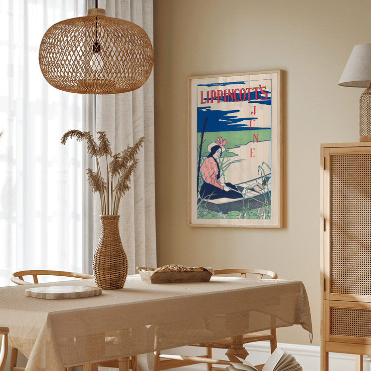 Woman boating on a serene river by William Carqueville Lippincott's June Poster of a woman in a boat with a striped dress and hat surrounded by reeds and water lilies Lippincott’s June by William Carqueville