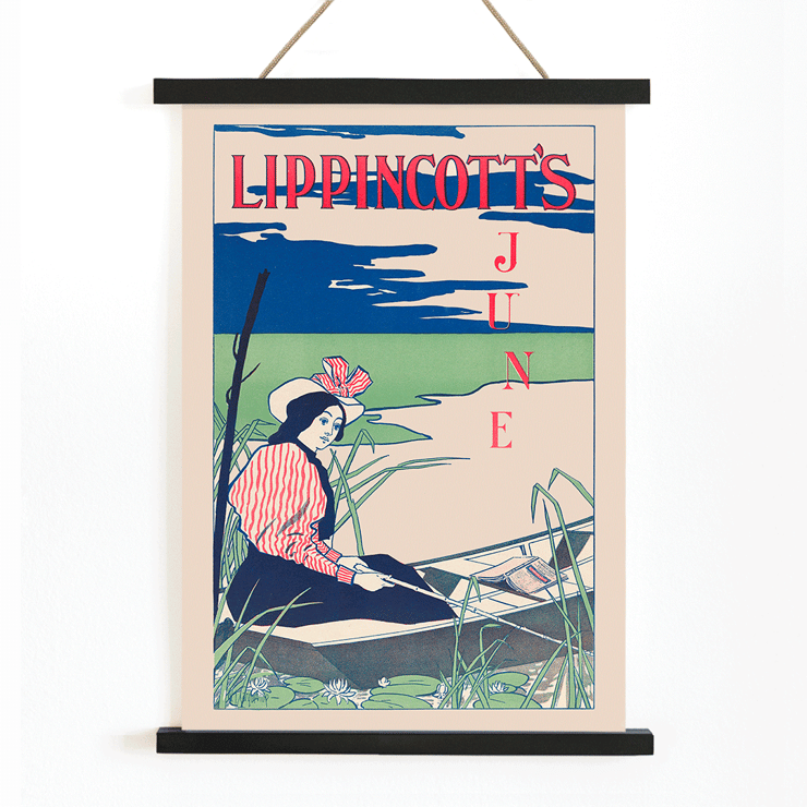 Woman boating on a serene river by William Carqueville Lippincott's June Poster of a woman in a boat with a striped dress and hat surrounded by reeds and water lilies Lippincott’s June by William Carqueville