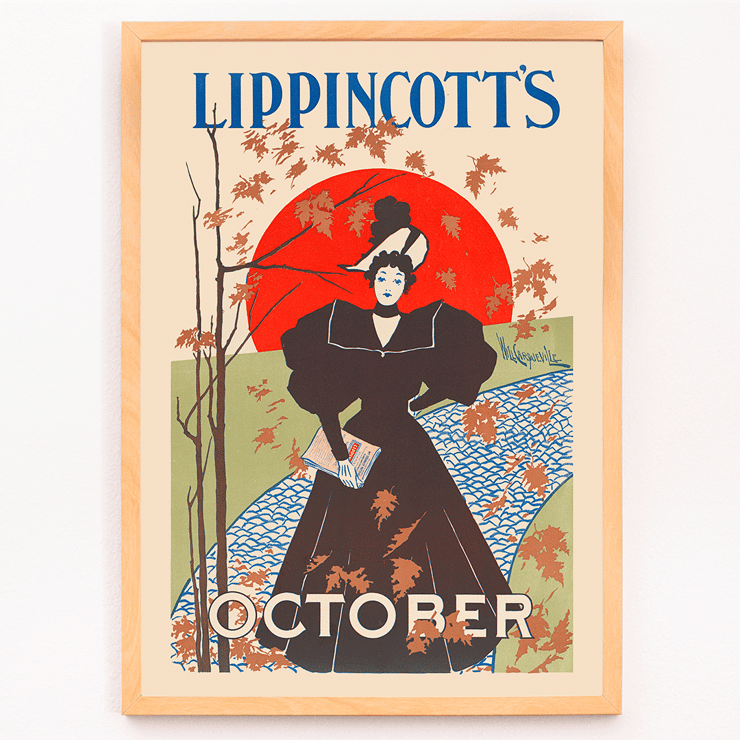 Elegant lady holding a book against an autumn backdrop in Lippincott's October by William Carqueville Poster artwork Lippincott’s October by William Carqueville featuring a woman in a black dress holding a book with autumn leaves
