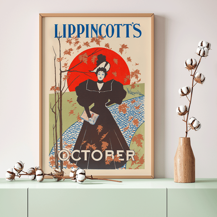 Elegant lady holding a book against an autumn backdrop in Lippincott's October by William Carqueville Poster artwork Lippincott’s October by William Carqueville featuring a woman in a black dress holding a book with autumn leaves