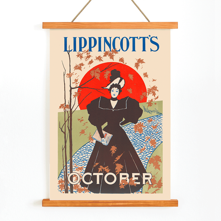 Elegant lady holding a book against an autumn backdrop in Lippincott's October by William Carqueville Poster artwork Lippincott’s October by William Carqueville featuring a woman in a black dress holding a book with autumn leaves