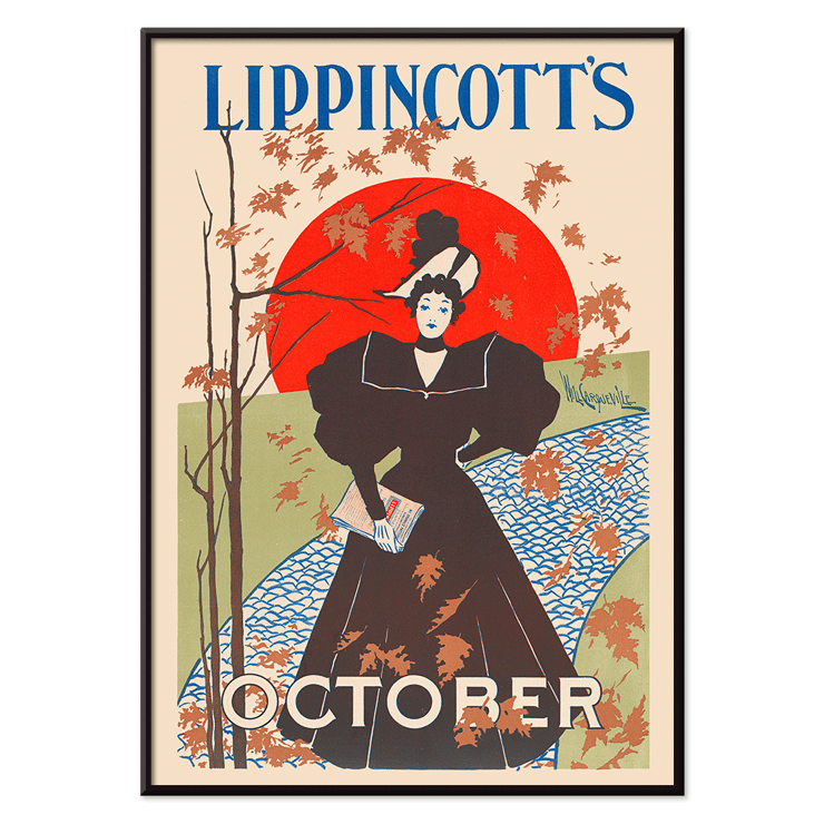 Elegant lady holding a book against an autumn backdrop in Lippincott's October by William Carqueville Poster artwork Lippincott’s October by William Carqueville featuring a woman in a black dress holding a book with autumn leaves