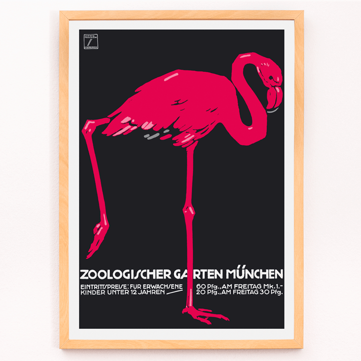 Ludwig Hohlwein artwork titled Zoologischer Garten München featuring pink flamingo on dark background Poster of a pink flamingo on a black background for Zoologischer Garten München by Ludwig Hohlwein