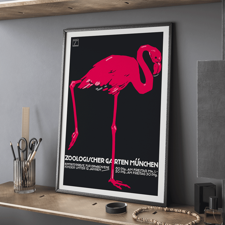 Ludwig Hohlwein artwork titled Zoologischer Garten München featuring pink flamingo on dark background Poster of a pink flamingo on a black background for Zoologischer Garten München by Ludwig Hohlwein
