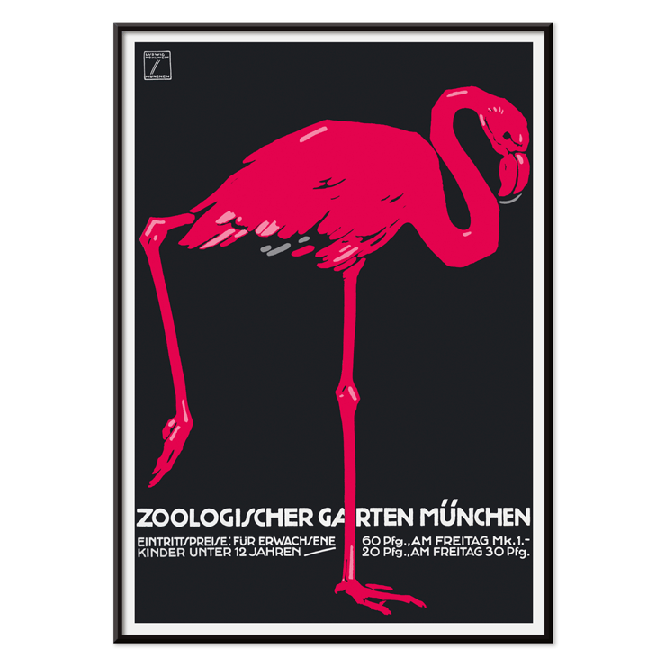 Ludwig Hohlwein artwork titled Zoologischer Garten München featuring pink flamingo on dark background Poster of a pink flamingo on a black background for Zoologischer Garten München by Ludwig Hohlwein