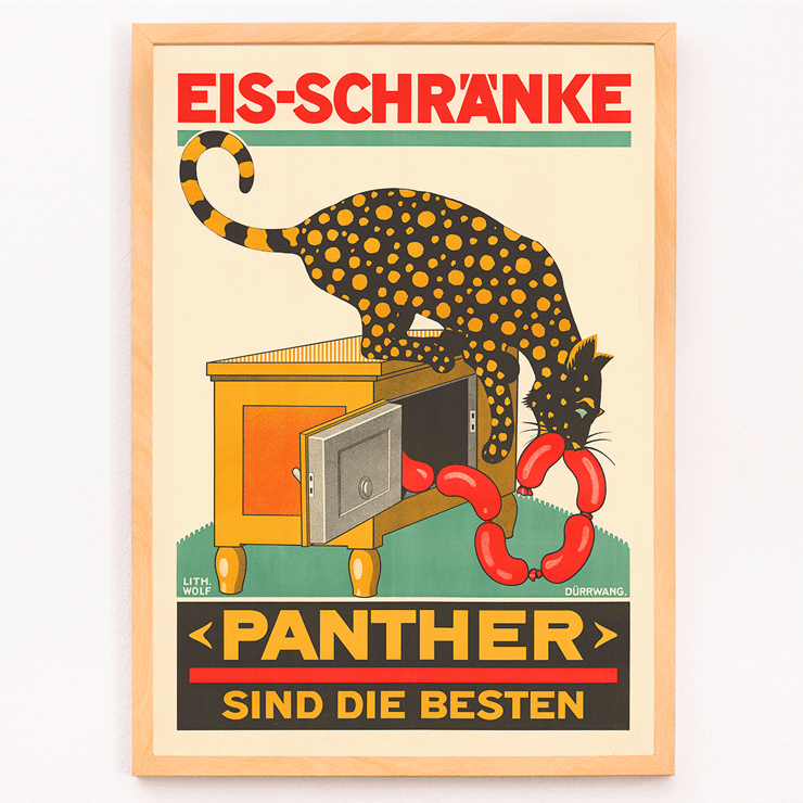 Panther Sind die Besten Swiss Poster by Panther Panther Sind die bester Swiss poster featuring a panther eating sausages from an icebox lithograph by Lith Wolf