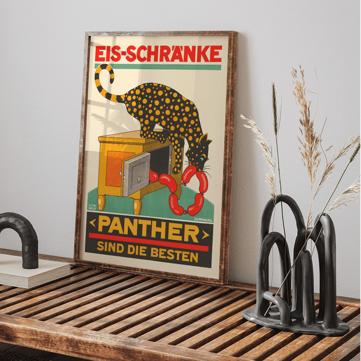 Panther Sind die Besten Swiss Poster by Panther Panther Sind die bester Swiss poster featuring a panther eating sausages from an icebox lithograph by Lith Wolf
