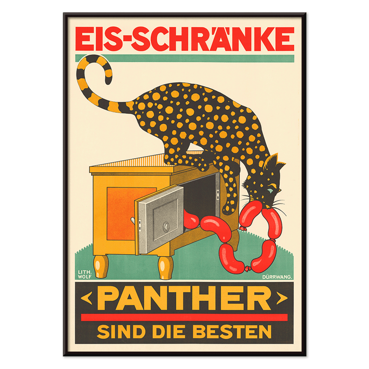 Panther Sind die Besten Swiss Poster by Panther Panther Sind die bester Swiss poster featuring a panther eating sausages from an icebox lithograph by Lith Wolf