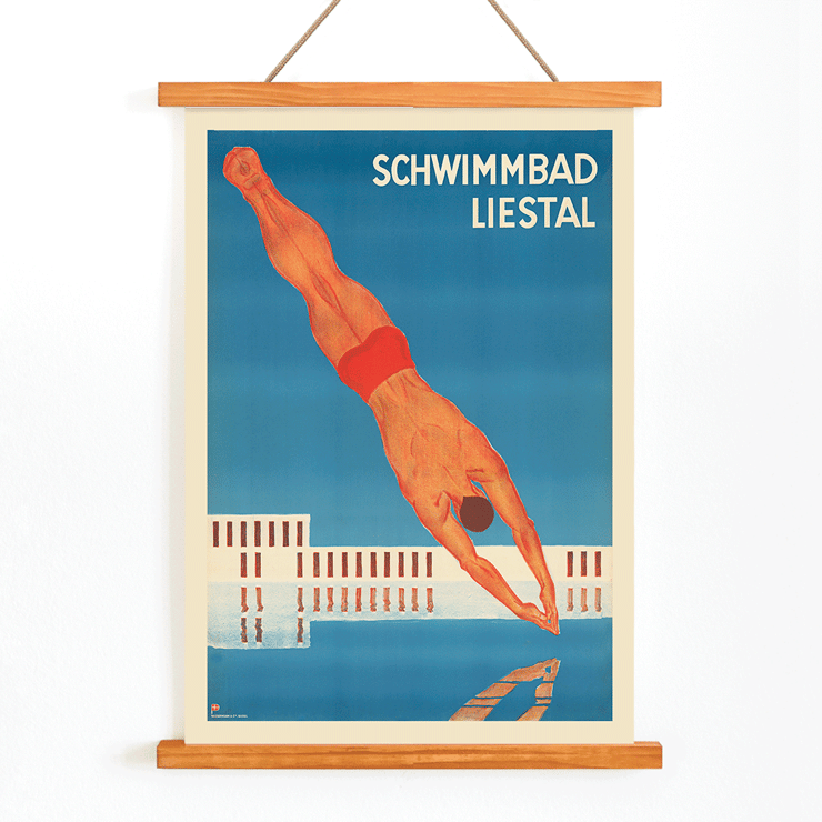 Schwimmbad Liestal by artist featuring a man diving into a pool Poster of Schwimmbad Liestal depicting a diver in mid-air above a pool with a modern building in the background.
