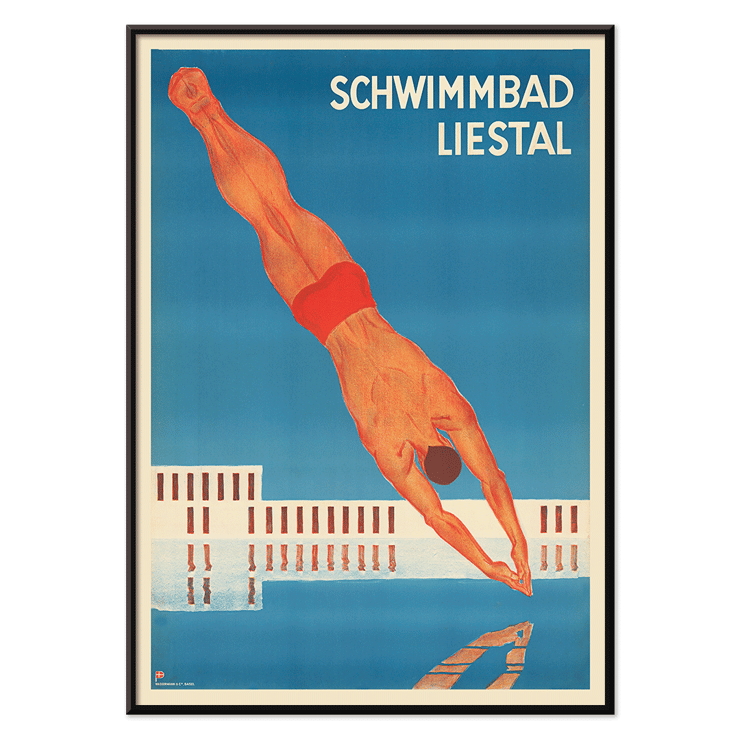 Schwimmbad Liestal by artist featuring a man diving into a pool Poster of Schwimmbad Liestal depicting a diver in mid-air above a pool with a modern building in the background.