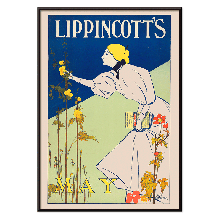 Illustration of a woman in a white dress picking flowers by William Carqueville titled Lippincott’s May Poster showing a woman picking flowers holding a book for Lippincott’s May by William Carqueville.