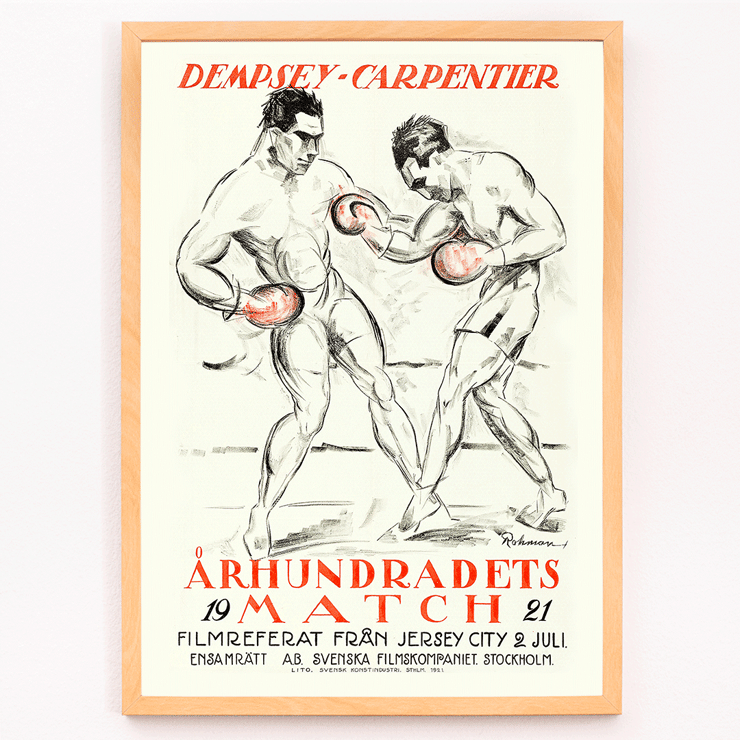 Boxing Match Illustration by Eric Rohman titled Match of the Century Dempsey Vs Carpentier Poster exhibiting two boxers mid-fight for Match of the Century Dempsey Vs Carpentier by Eric Rohman with Swedish text.