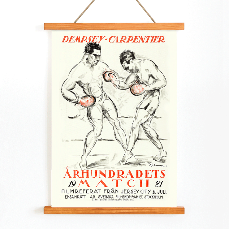 Boxing Match Illustration by Eric Rohman titled Match of the Century Dempsey Vs Carpentier Poster exhibiting two boxers mid-fight for Match of the Century Dempsey Vs Carpentier by Eric Rohman with Swedish text.