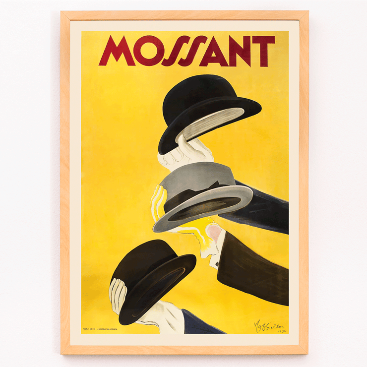 Hats in vibrant poster by Leonetto Cappiello Mossant Poster of three hands holding hats with yellow background and the text Mossant by Leonetto Cappiello