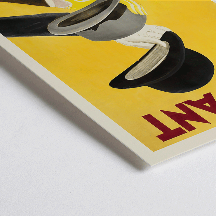 Hats in vibrant poster by Leonetto Cappiello Mossant Poster of three hands holding hats with yellow background and the text Mossant by Leonetto Cappiello