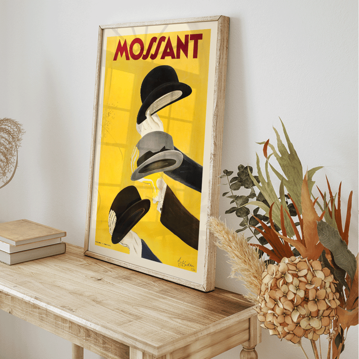 Hats in vibrant poster by Leonetto Cappiello Mossant Poster of three hands holding hats with yellow background and the text Mossant by Leonetto Cappiello