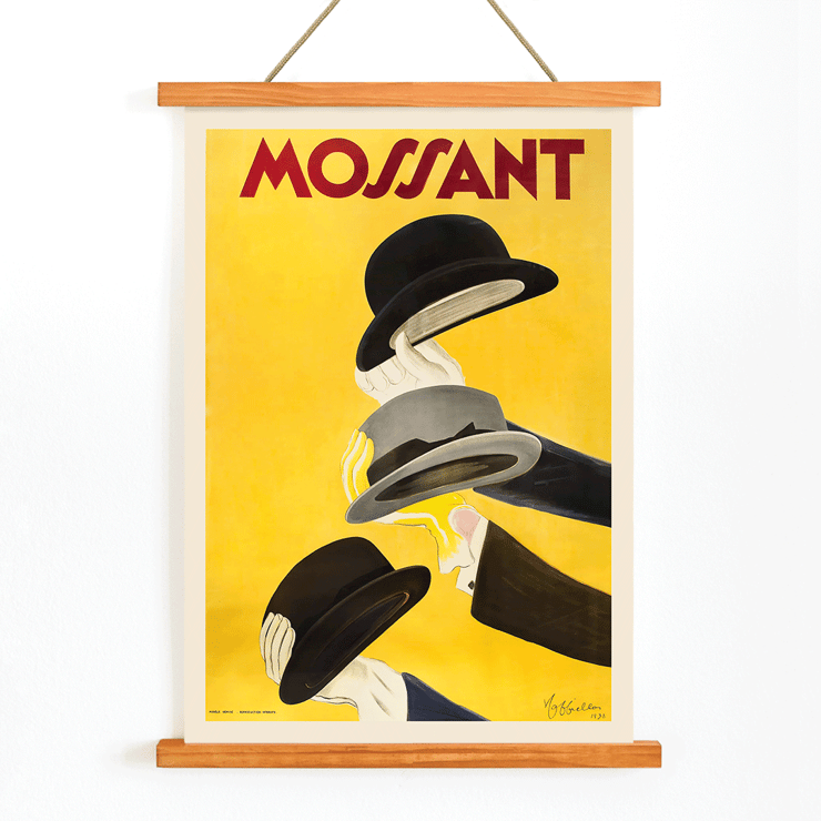 Hats in vibrant poster by Leonetto Cappiello Mossant Poster of three hands holding hats with yellow background and the text Mossant by Leonetto Cappiello