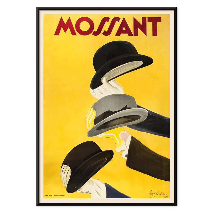 Hats in vibrant poster by Leonetto Cappiello Mossant Poster of three hands holding hats with yellow background and the text Mossant by Leonetto Cappiello