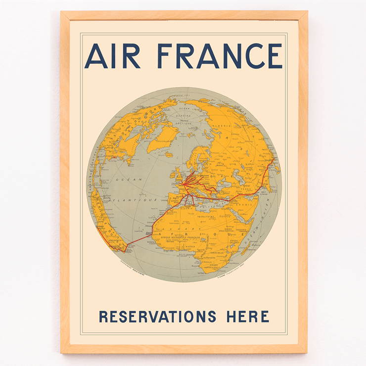 World map with Air France routes by E.Giraud artwork Vintage Air France travel poster by E.Giraud featuring a world map with reservation routes highlighted in red.