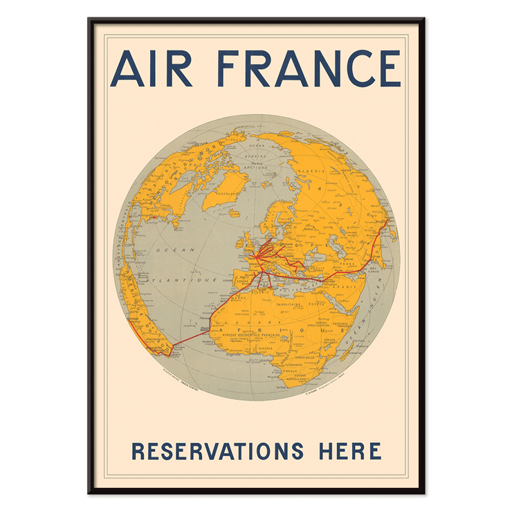 World map with Air France routes by E.Giraud artwork Vintage Air France travel poster by E.Giraud featuring a world map with reservation routes highlighted in red.