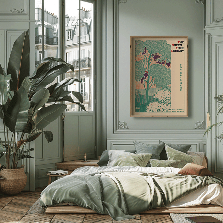 Illustration of a vibrant green tree by Henry McCarter titled The Green Tree Library. Poster of The green tree library by Henry McCarter featuring green foliage and text for sale here with a decorative border.